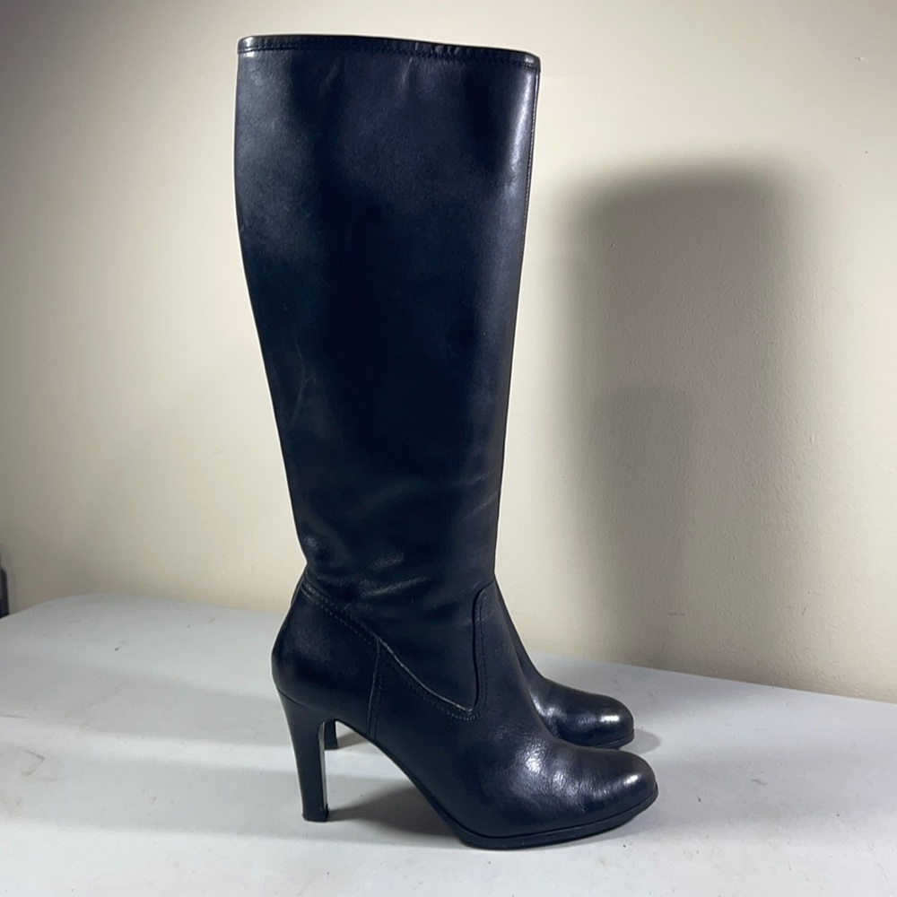 Ralph Lauren Black Leather Side Zip Heeled Knee High Bryce Boots Size 8.5M